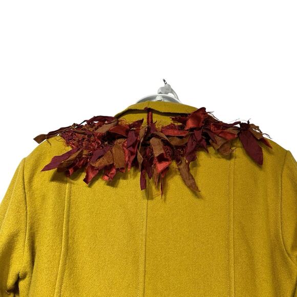 Cat Ballou Mustard Wool Fringe Jacket M Boho Leaf Trim Fall Statement Coat - Picture 8 of 15